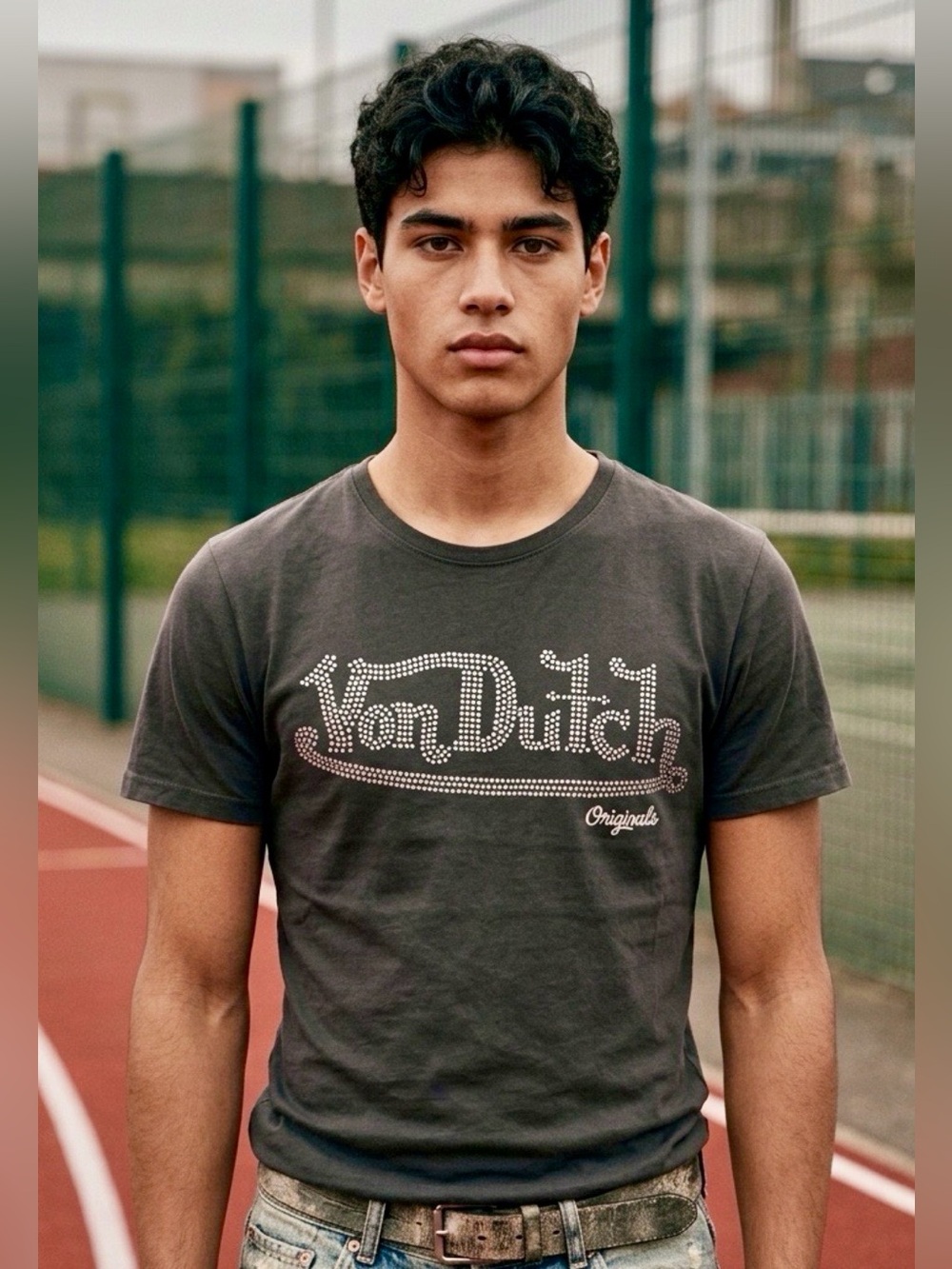 Von Dutch Black Charcoal Studded Graphic Logo Short Sleeve Tee L